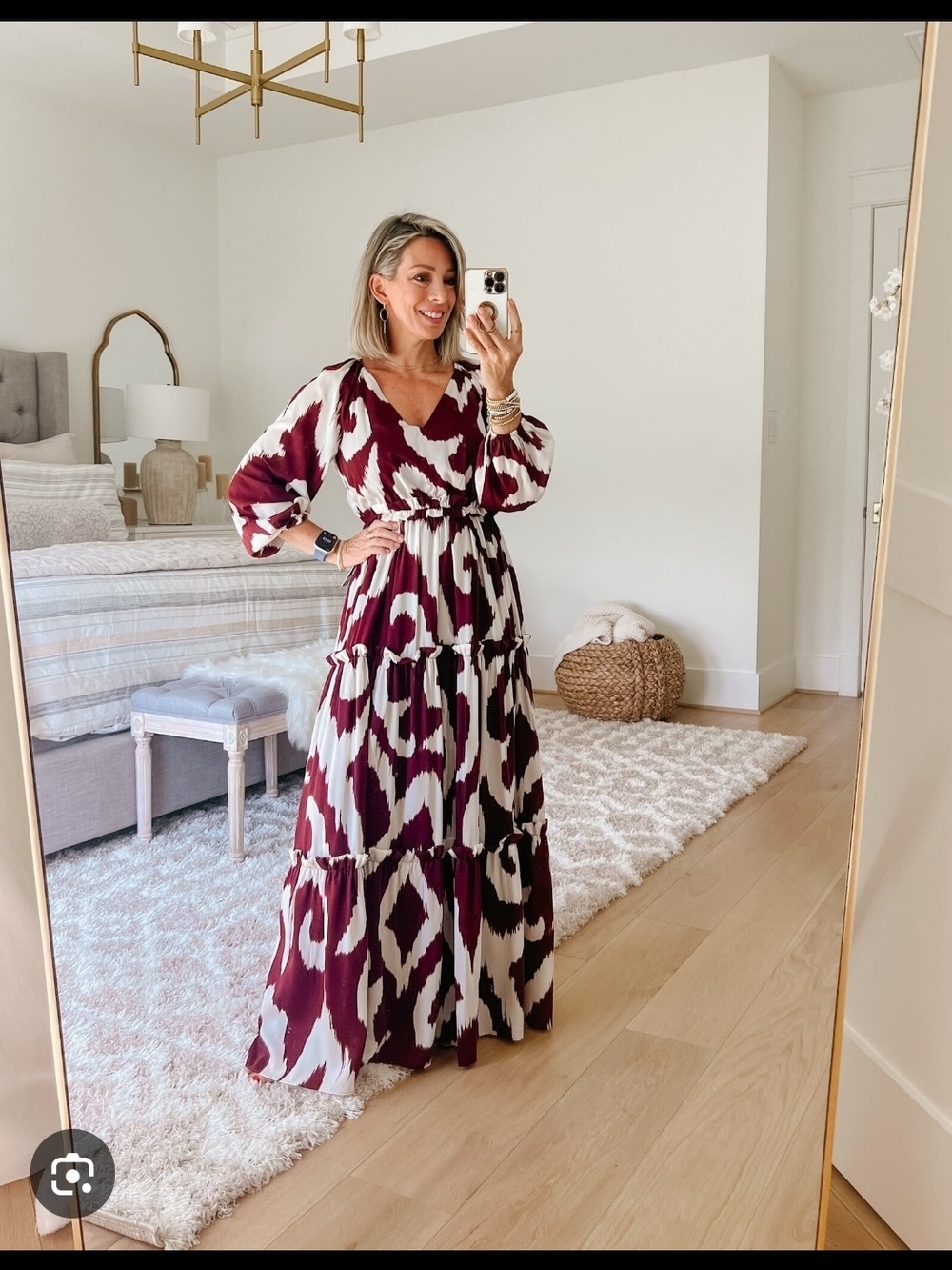 Express Burgundy and Cream Printed Tiered Maxi Dress